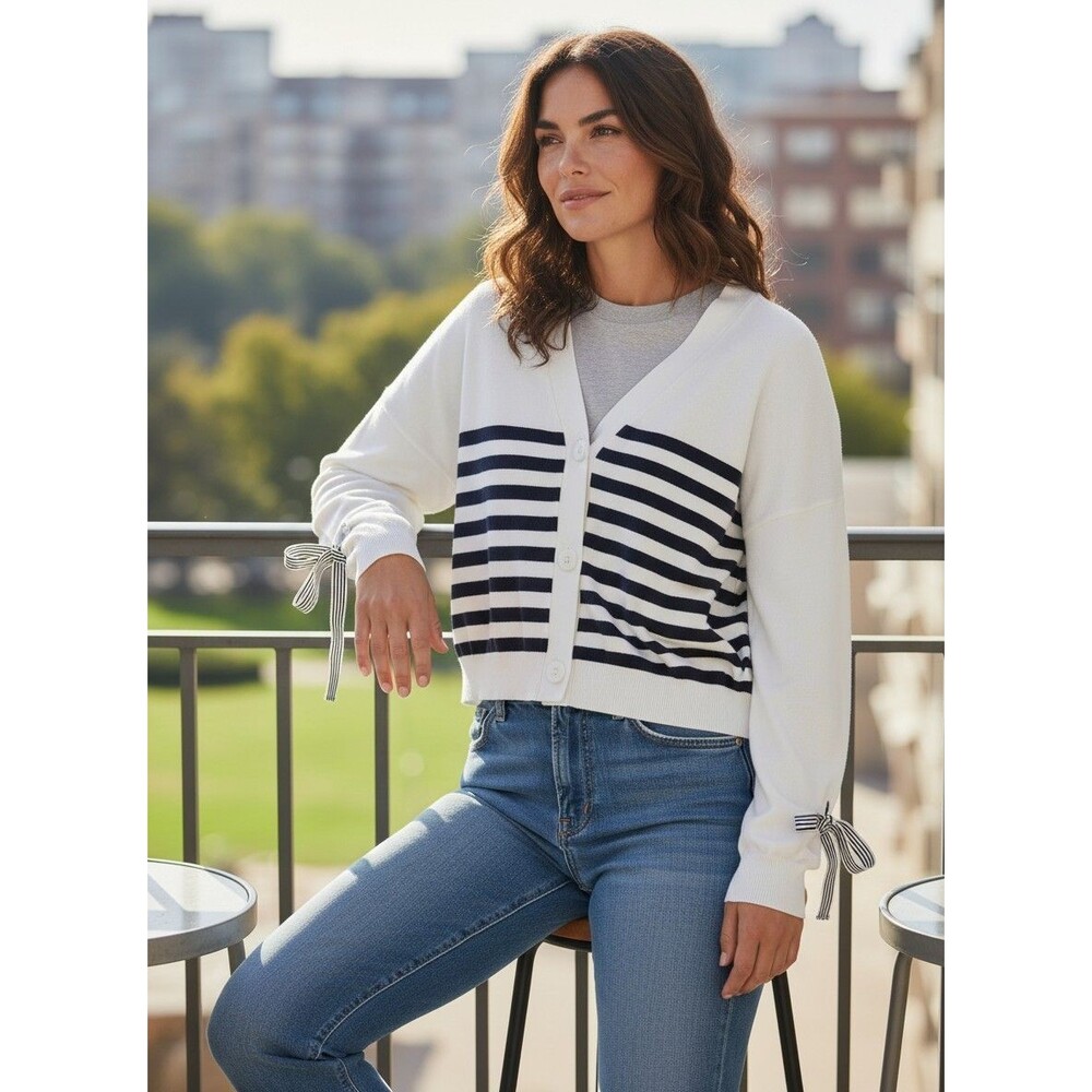 DESIGNER GABBY ISABELLA WHITE BLACK STRIPED BOW DETAIL ON SLEEVES CARDIGAN LARGE